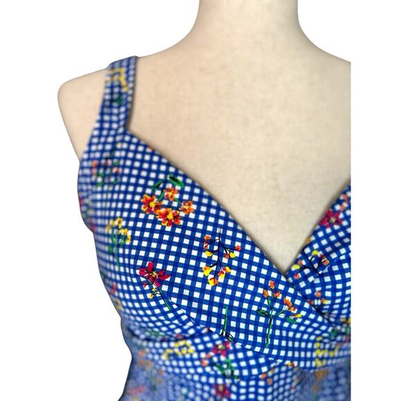 Lands' End Blue Gingham Floral Swim Top Underwire Tankini 14 D Cottagecore Sweet - Picture 3 of 9